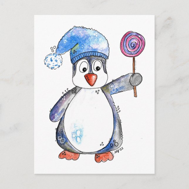 Cute Whimsical Penguin med Lollipop Vykort (Framsida)
