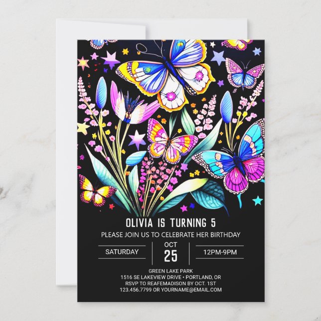 Cute Whimsical Printable Butterfly Birthday Inbjudningar (Framsida)
