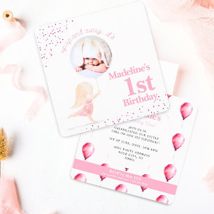 Cute Whimsical Rabbit Girl 1 Birthday Rosa Photo Inbjudningar