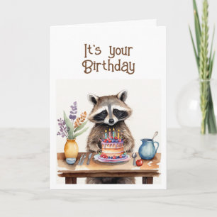 Cute Whimsical Raccoon Birthday Eat the cake Helgkort