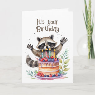 Cute Whimsical Raccoon Birthday Eat the cake Helgkort