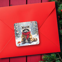 Cute Whimsical Raccoon-jul Fyrkantigt Klistermärke