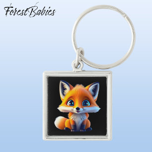 Cute Whimsical Red Fox Animal Character, Black 🦊 Fyrkantig Silverfärgad Nyckelring