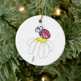 Cute Whimsical Red Ladybug på en vit blomma Julgransprydnad Keramik