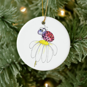 Cute Whimsical Red Ladybug på en vit blomma Julgransprydnad Keramik