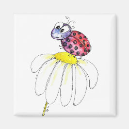 Cute Whimsical Red Ladybug på en vit blomma Magnet