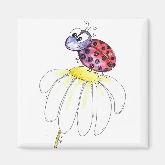 Cute Whimsical Red Ladybug på en vit blomma Magnet (Framsidan)