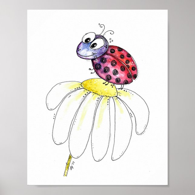 Cute Whimsical Red Ladybug på en vit blomma Poster (Framsidan)