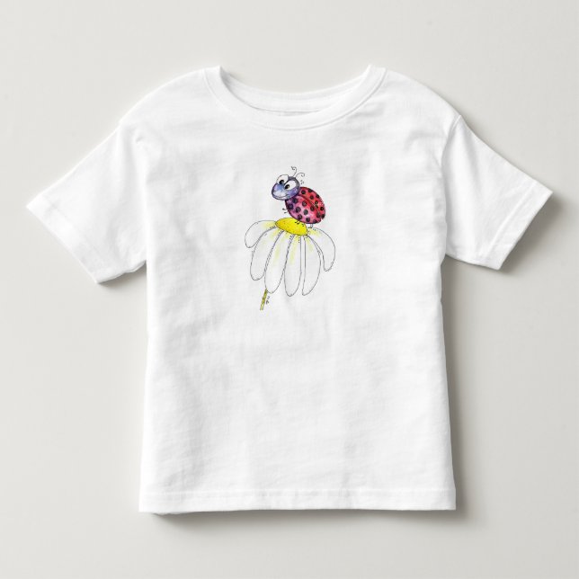 Cute Whimsical Red Ladybug på en vit blomma T Shirt (Framsida)