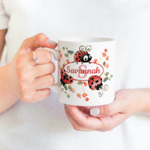 Cute Whimsical Red Ladybugs Flowers Kids Monogram