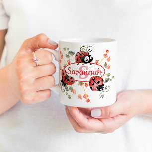 Cute Whimsical Red Ladybugs Flowers Kids Monogram Kaffemugg