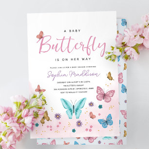 Cute Whimsical Rosa Butterfly Girls Baby Shower Inbjudningar
