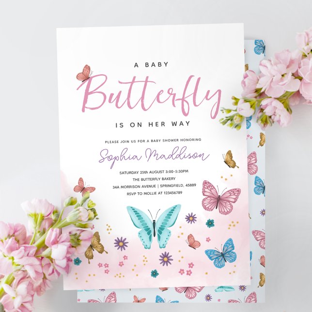 Cute Whimsical Rosa Butterfly Girls Baby Shower Inbjudningar (Skapare uppladdad)