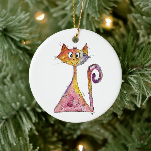 Cute Whimsical Rosa Cat Julgransprydnad Keramik (Träd)