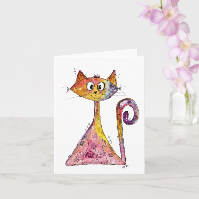 Cute Whimsical Rosa Cat Kort (Orkide)