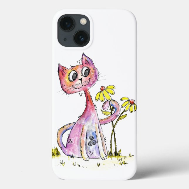 Cute Whimsical Rosa Cat med Gula blommor (Baksida)