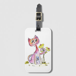 Cute Whimsical Rosa Cat med Gula blommor Bagagebricka
