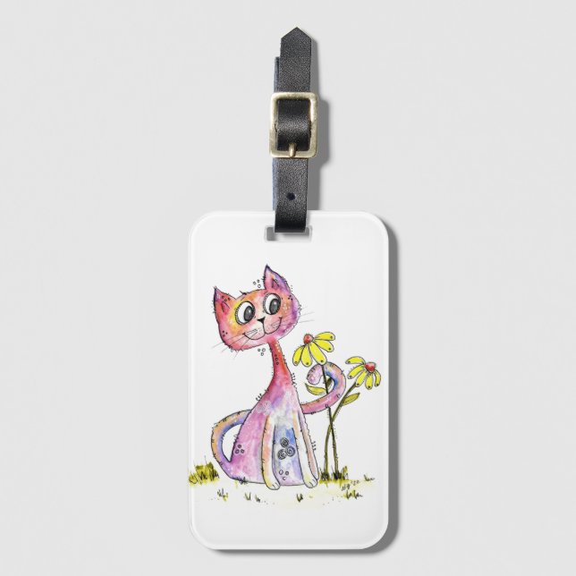 Cute Whimsical Rosa Cat med Gula blommor Bagagebricka (Framsida vertikal)