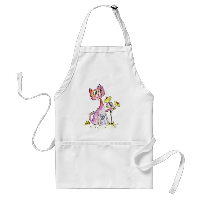 Cute Whimsical Rosa Cat med Gula blommor Förkläde (Framsidan)