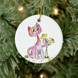 Cute Whimsical Rosa Cat med Gula blommor Julgransprydnad Keramik