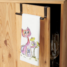 Cute Whimsical Rosa Cat med Gula blommor Kökshandduk