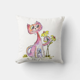 Cute Whimsical Rosa Cat med Gula blommor Kudde