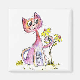 Cute Whimsical Rosa Cat med Gula blommor Magnet