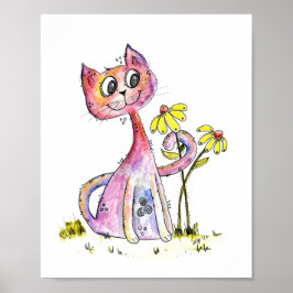 Cute Whimsical Rosa Cat med Gula blommor Poster