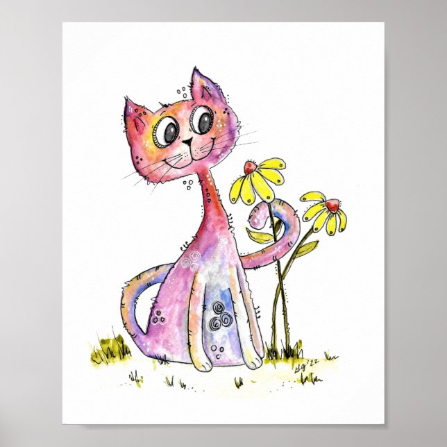 Cute Whimsical Rosa Cat med Gula blommor Poster (Framsidan)
