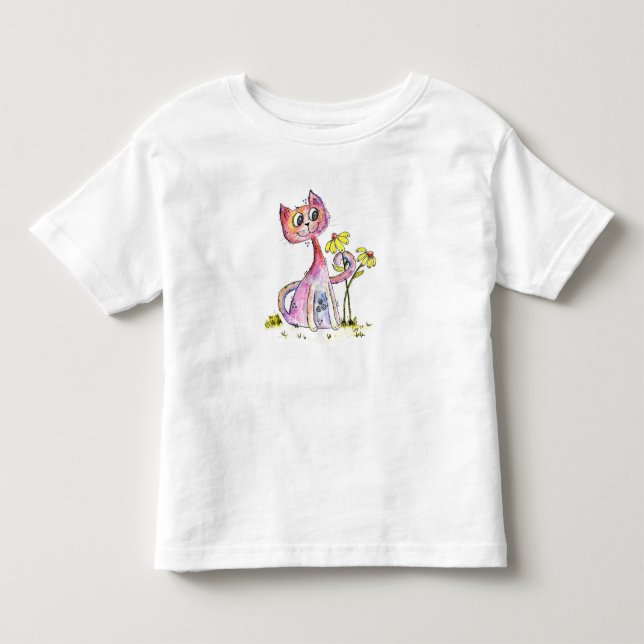 Cute Whimsical Rosa Cat med Gula blommor T Shirt (Framsida)