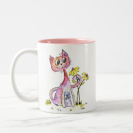 Cute Whimsical Rosa Cat med Gula blommor Två-Tonad Mugg