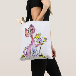 Cute Whimsical Rosa Cat med Gula blommor Tygkasse