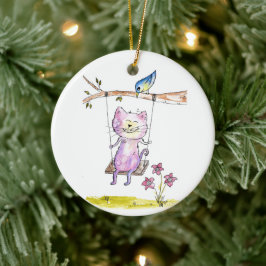 Cute Whimsical Rosa Cat on Swing Julgransprydnad Keramik