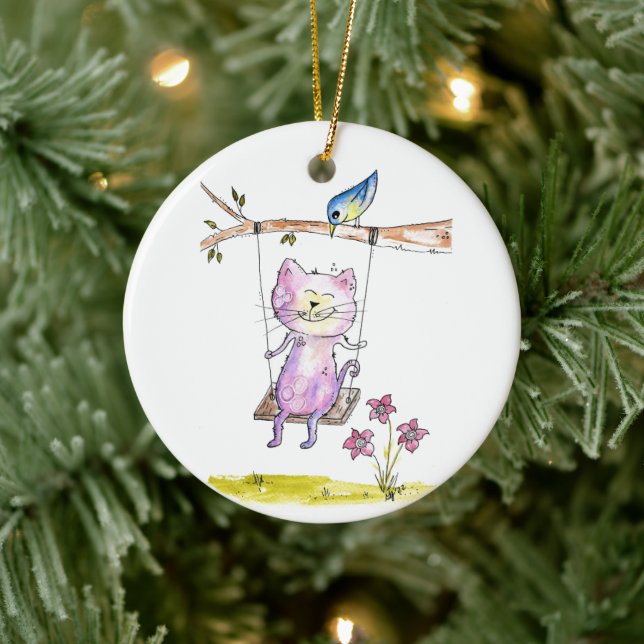 Cute Whimsical Rosa Cat on Swing Julgransprydnad Keramik (Träd)