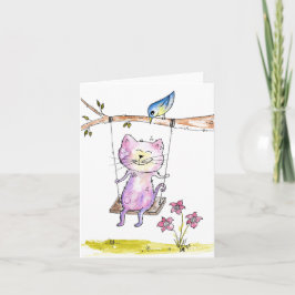 Cute Whimsical Rosa Cat on Swing Kort