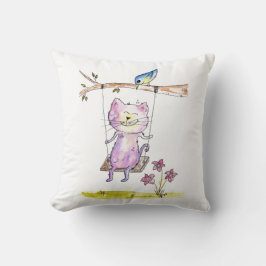 Cute Whimsical Rosa Cat on Swing Kudde