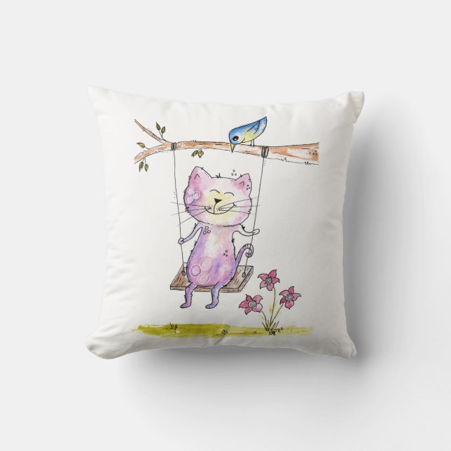Cute Whimsical Rosa Cat on Swing Kudde (Framsida)