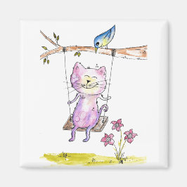 Cute Whimsical Rosa Cat on Swing Magnet