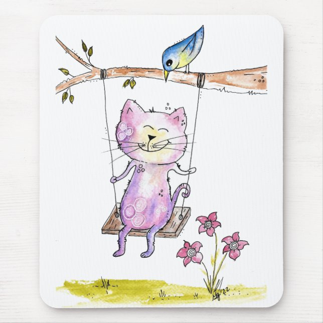 Cute Whimsical Rosa Cat on Swing Musmatta (Framsidan)