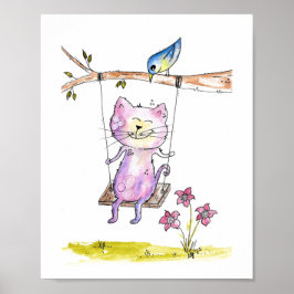Cute Whimsical Rosa Cat on Swing Poster