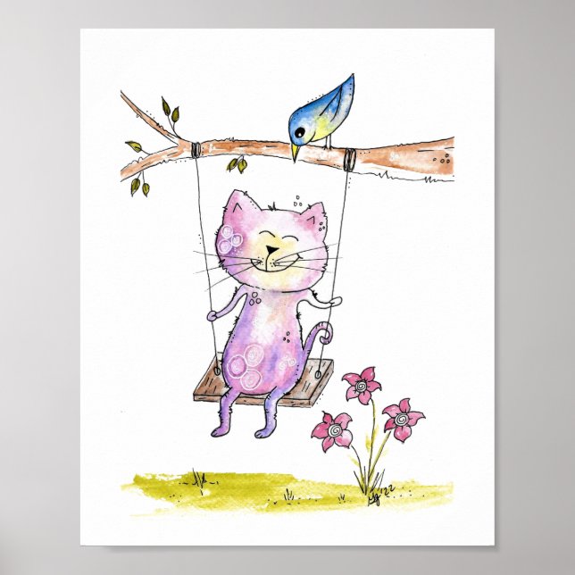 Cute Whimsical Rosa Cat on Swing Poster (Framsidan)