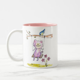 Cute Whimsical Rosa Cat on Swing Två-Tonad Mugg