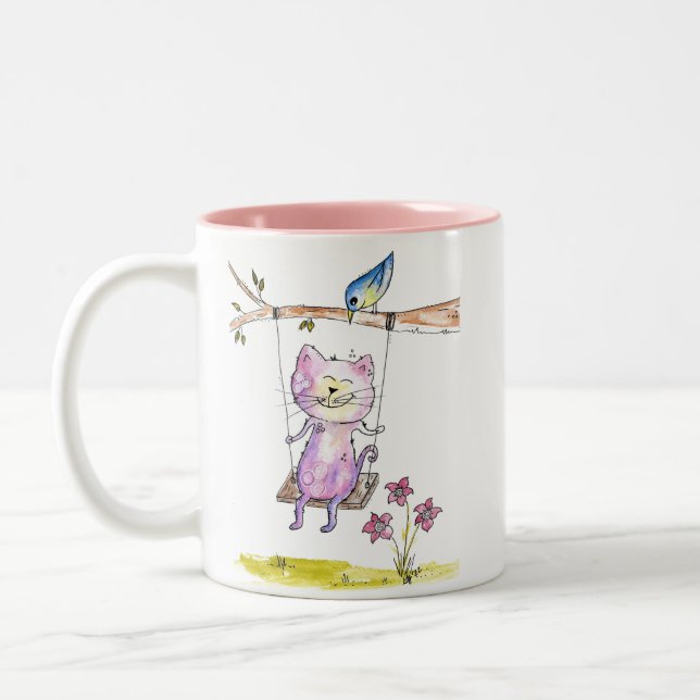 Cute Whimsical Rosa Cat on Swing Två-Tonad Mugg (Vänster)