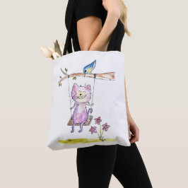 Cute Whimsical Rosa Cat on Swing Tygkasse