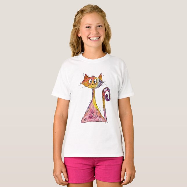 Cute Whimsical Rosa Cat T Shirt (Hel framsida)
