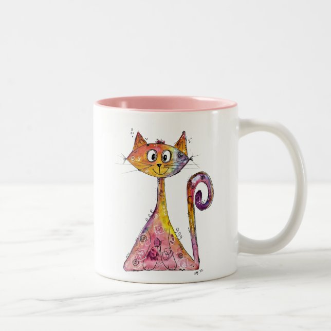 Cute Whimsical Rosa Cat Två-Tonad Mugg (Höger)