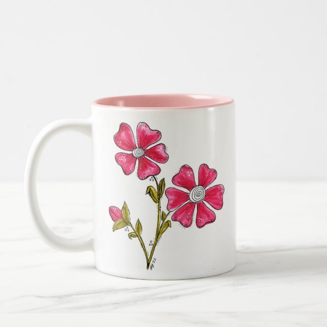 Cute Whimsical Rosa Flowers Två-Tonad Mugg (Vänster)