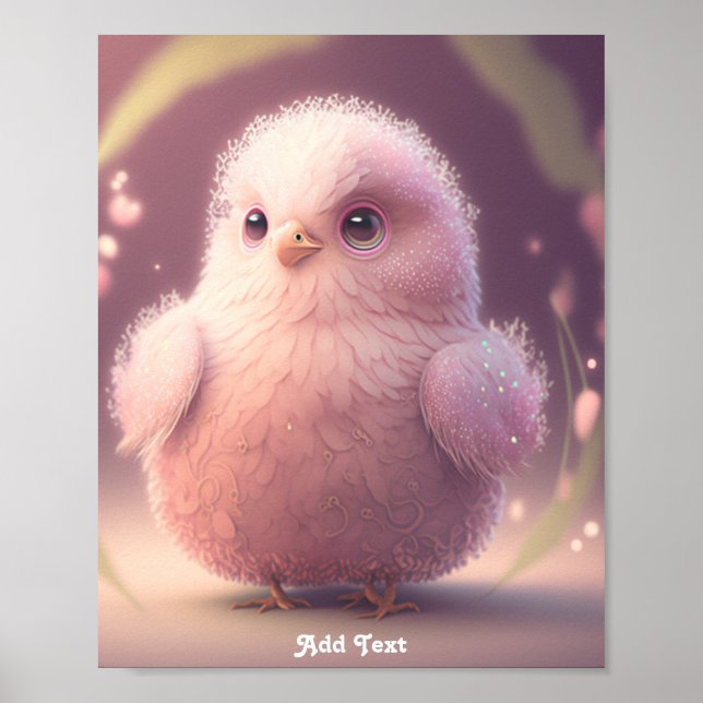 Cute Whimsical Rosa Fluffy Bird Anpassningsbar Wal Poster (Framsidan)