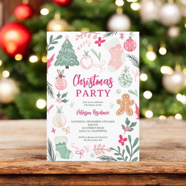 Cute Whimsical Rosa jul party illustrationer Inbjudningar (Cute Whimsical Pink Christmas party illustrations Invitation)