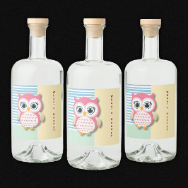 Cute Whimsical Rosa Uggla Baby Shower Spritflaskor Etikett